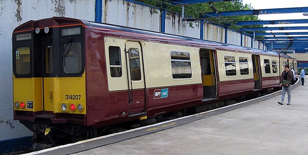 Class 314 in SPT carmine and cream livery at Gourock in 2006