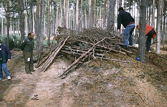 Civilian pilots attending a Survival course at RAF Kinloss learn how to construct shelter from the elements, using materials available in the woodland on the north-east edge of the aerodrome. Building for survival - geograph.org.uk - 396684.jpg
