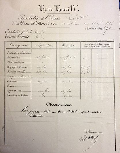 Bulletin scolaire d'Edmond Guiraud, lycée Henri IV.jpg
