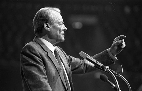 Willy Brandt talking at an SPD meeting in Dortmund, 1983