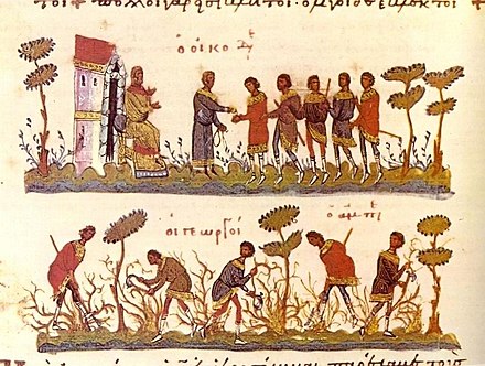 Parable of the Workers in the Vineyard. Workers on the field (down) and pay time (up), Byzantine Gospel of 11th century.
