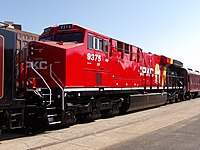 CP 9375 is displayed as part of the 2816 'Final Spike tour' event at Kansas City Union Station. The 9375 is the first locomotive to receive the CPKC corporate paint scheme. CP(KC) ES44AC 9375.jpg