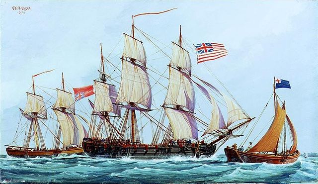 Continental ship Columbus with captured British brig Lord Lifford, 1776