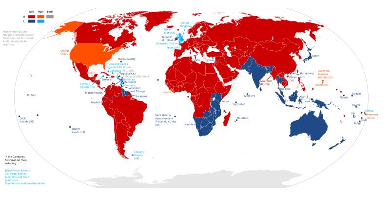 File:Countries driving on the left or right, uses kilometers or miles.svg