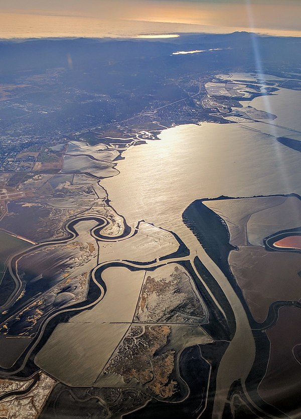 Coyote Creek (lower right) where it flows into the south San Francisco Bay, with the Guadalupe River joining it via the Alviso Slough, and the Guadalu