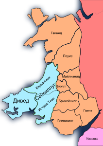 Кередигион, как часть Сейсиллуга, на карте Уэльса.