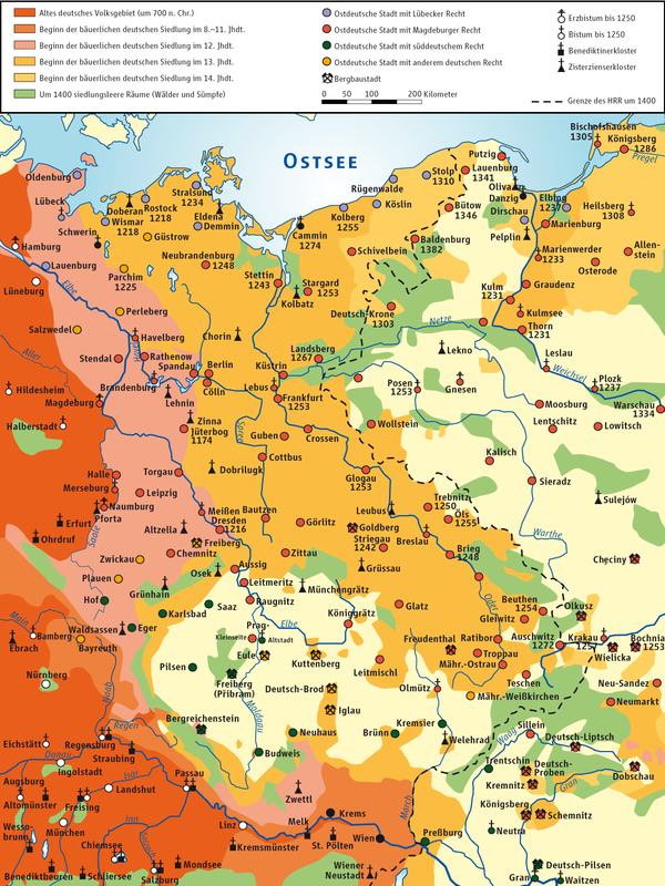 Map of the phases of German eastward expansion (8th to 14th century) based on the work of Walter Kuhn, NSDAP member and propagandist of the Germanisation of Poland
