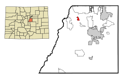 Location of the Louviers CDP in Douglas County, Colorado. Colorado