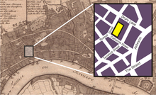 location of the Theatre Royal on a map of London from 1700; the inset shows the streets as they are in 2006. Drury lane inset map.png