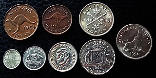 Late Australian Imperial Coins--1954 half penny, 1964 penny, 1963 threepence, 1960 sixpence, 1960 shilling, 1962 florin, 1951 florin, and 1954 florin. Early Imperial Australian Coins.jpg