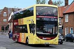 East Yorkshire's EastRider-branded 805, a 2017 Volvo B5TL MCV EvoSeti, turns into Beverley bus station on a 121 to Bridlington.