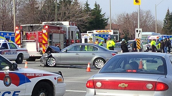 Multiple emergency services at the scene of a traffic accident in Vaughan, Ontario