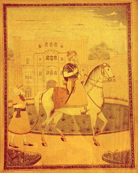 Equestrian painting of Jassa Singh Ahluwalia on horseback in-front of his haveli with a fly-whisk attendant, circa late 18th century