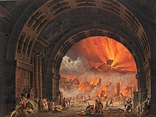 1827 illustration of the eruption of Vesuvius in 79 CE Eruption of Vesuvius from Pacini's opera L'ultimo giorno di Pompei.jpg