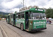 Ex-Basel trolleybus 918 in service in Brasov (Romania) in 2006, still wearing BVB fleet livery Ex-Basel FBW trolleybus 918 at Saturn terminus in Brasov, 2006.jpg