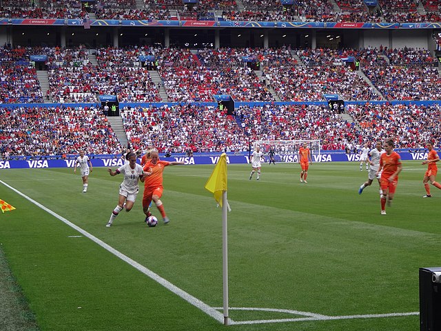 Alex Morgan and Stefanie van der Gragt battle for the ball during the 2019 FIFA Women's World Cup Final in Lyon, France