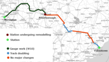 Route for Felixstowe to Nuneaton freight capacity scheme Felixstowe to Nuneaton developments.png
