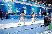 Deutsch: Fechten bei den Olympischen Jugend-Sommerspielen 2018: Tag 1, 7. Oktober 2018, Jungen, Säbel, Viertelfinale - Krisztián Rabb (HUN) - Antonio Heathcock (GER) 15:11 English: Fencing at the 2018 Summer Youth Olympics at 7 October 2018 – Boys' sabre Quarterfinals – Krisztián Rabb (HUN) Vs Antonio Heathcock (GER) 15:11