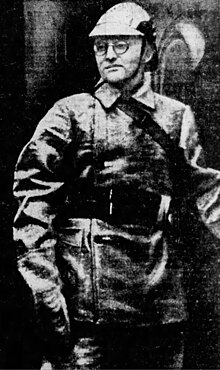 Shostakovich in his firefighting uniform in 1941. A photograph similar to this one became the basis of the cover for the July 20, 1942, issue of Time. Fireman shostakovich.jpg