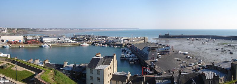 Panorama of the port of Granville from the Haute-Ville.
From left to right: In the background, the Hérel Marina, the pier for Chausey, the fishing port hall and the harbour at low tide.