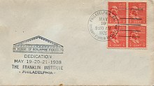 FDC for Franklin 1/2C/ stamp issued at the Franklin Institute on May 19, 1938 Franklin 1-2C/ Scott 803 FDC at Franklin Institute May 19, 1938.jpg