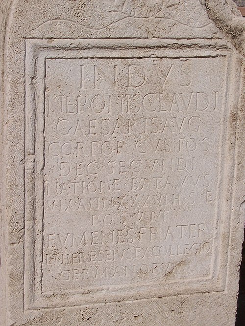 Funerary stela of one of Nero's Corporis Custodes, the imperial Germanic bodyguard. The bodyguard, Indus, was of the Batavian tribe.