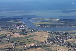 Aerial view of the mouth of the Śmiała Wisła River with Wiślinka at the bottom right of the picture