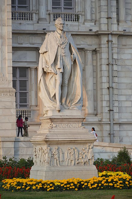A statue in Calcutta Victoria Memorial of Lord Curzon, who announced the creation of Eastern Bengal and Assam on 16 October 1905