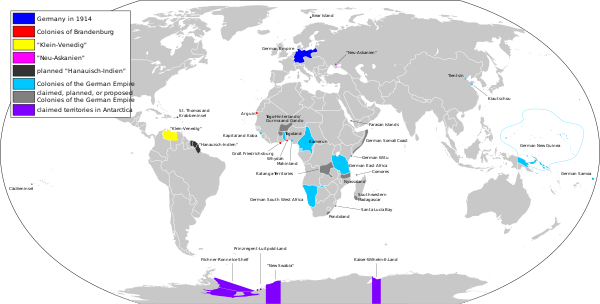 Map of Former German Colonies throughout History:      German Empire     Colonies of the German Empire     Prussian-Brandenburg colonies     "Little Venice" (Controlled by a German firm)