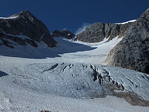 Oberer Bereich des Hauptgletschers mit der Punta Rocca und Punta Penia (2014)
