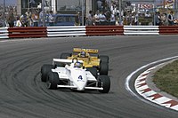 Michele Alboreto (front) and Slim Borgudd (back) both debuted in the 1981 San Marino Grand Prix (Picture from Dutch Grand Prix). Grand Prix van Nederland op circuit van Zandvoort; Slim Borgudd (S) achter Michele Alboreto (I).jpg