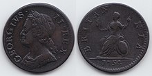 une petite pièce de monnaie en cuivre avec une tête de femme d'un côté et Britannia de l'autre