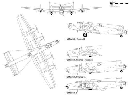 3-view drawingof Halifax Mark I Series III, with profile details of other variants.