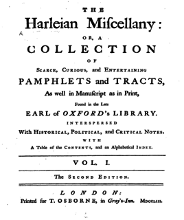 <i>The Harleian Miscellany</i> 1744–1753 collection of historical English pamphlets