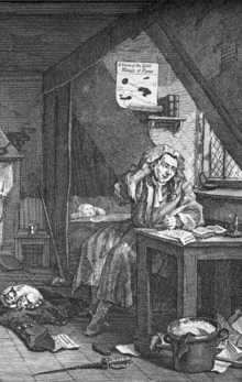 A "hack" poet desperate for money, from William Hogarth's 1741 print The Distrest Poet. Hogarth-Distressd-Poet-1737.png