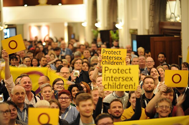 Group photo for the Intersex Awareness day 26th October 2018 at ILGA conference 2018 in Brussels. Image: Jasmin Saskia. (CC BY-SA 4.0)