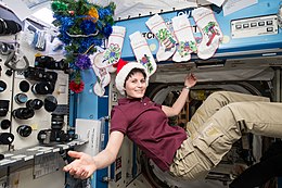 ISS-42 Samantha Cristoforetti with Santa Claus hat in the Destiny module.jpg