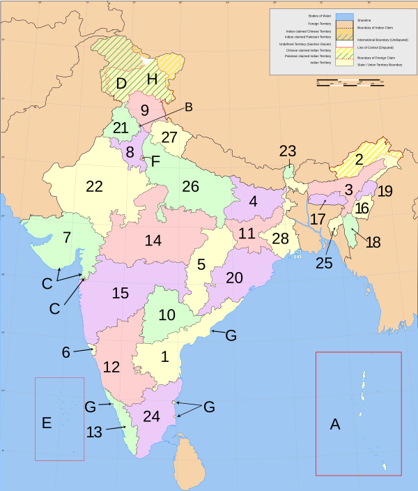 Map of India showing its subdivision into states and territories