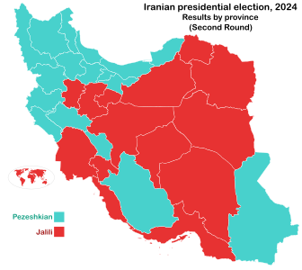 Iranian presidential election, 2024 by province - Second Round.svg