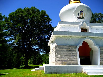 Stupa on the grounds of Tibetan Mongolian Buddhist Cultural Center, Bloomington, Indiana. The Dalai Lama performed the initiation here in 1999, "to promote world peace." Kalacakra stupa.jpg