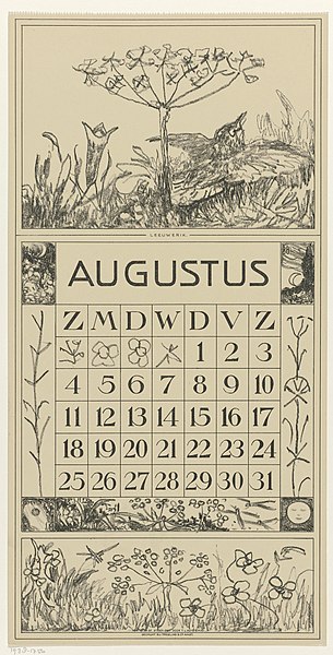 File:Kalenderblad augustus met leeuwerik en bloem Kalender 1918 12 lithografien door Th. v. Hoytema (serietitel), RP-P-1938-1756.jpg