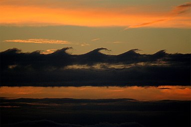 This is an image, captured in San Francisco, which shows the "ocean wave" like pattern associated with the Kelvin-Helmholtz instability forming in clouds. Kelvin Helmholz wave clouds.jpg