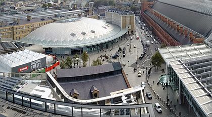 The new concourse seen from above. St Pancras railway station is to the right. King's Cross St. Pancras aerial view, image 6.jpg