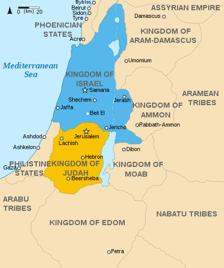 The Iron Age kingdom of Israel (blue) and kingdom of Judah (tan), with their neighbours (8th century BCE), based on Biblical accounts