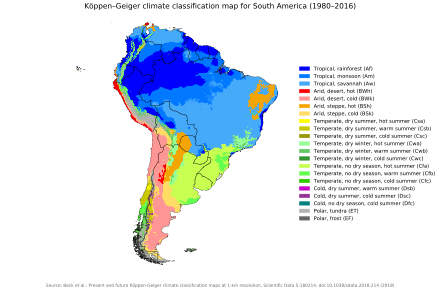 Koppen-Geiger climate classification map for South America Koppen-Geiger Map South America present.svg