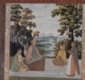Ladies visiting a sage. Mughal, late 1600s. St. Petersburg Album. Per S.C. Welch, the landscape was added in Isfahan in Muhammad Zaman's style[26]