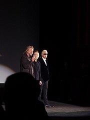 Led Zeppelin answering questions at a press conference for the premiere of Celebration Day at the Hammersmith Apollo in 2012 Led Zeppelin answering questions, 2012.jpg