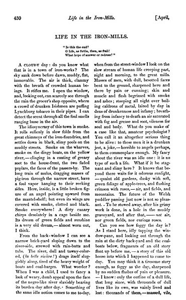 First page of the short story "Life in the Iron-Mills", as first published in The Atlantic Monthly