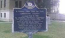 Historical marker on the northwest side of the courthouse Limestone County (Alabama) Historical Marker.jpg