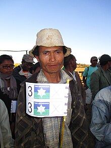 A villager of Mananzara holding the election flag of mayor Roger Randrianomanana, which features a Magen David and a valiha Man holding Roger Randrianomanana election flag.jpg